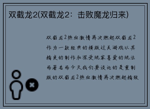 双截龙2(双截龙2：击败魔龙归来)